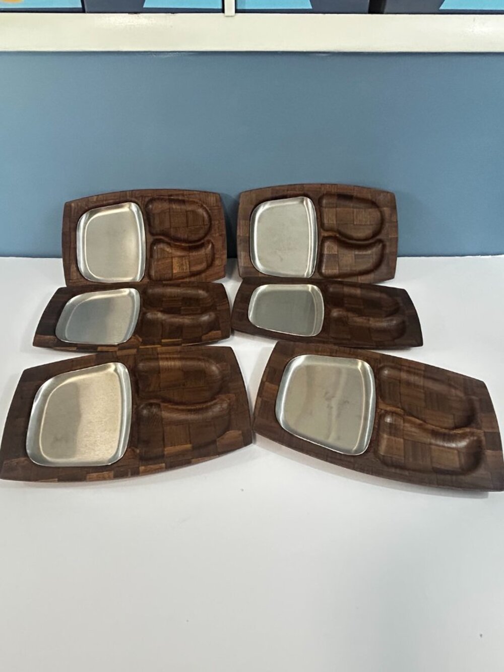 Set of 6 Mid-Century Moder Weavewood Sectioned Serving Trays with Metal Insterts